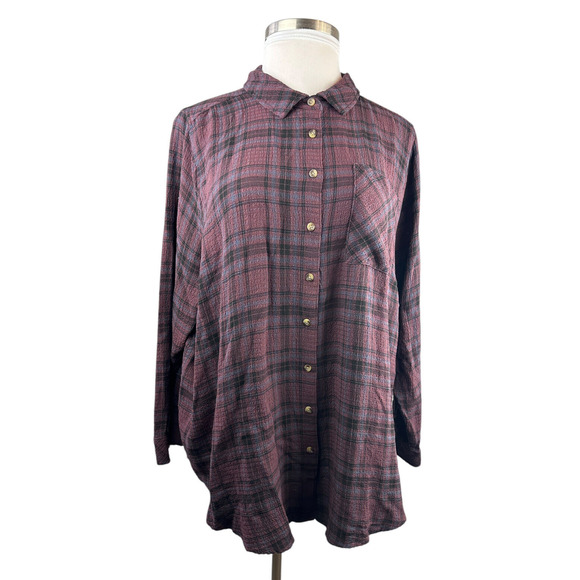 Torrid Lizzie Crinkle Flannel Gauze Button Up Tunic Red Plaid Plus Size 3 3X - Picture 2 of 10
